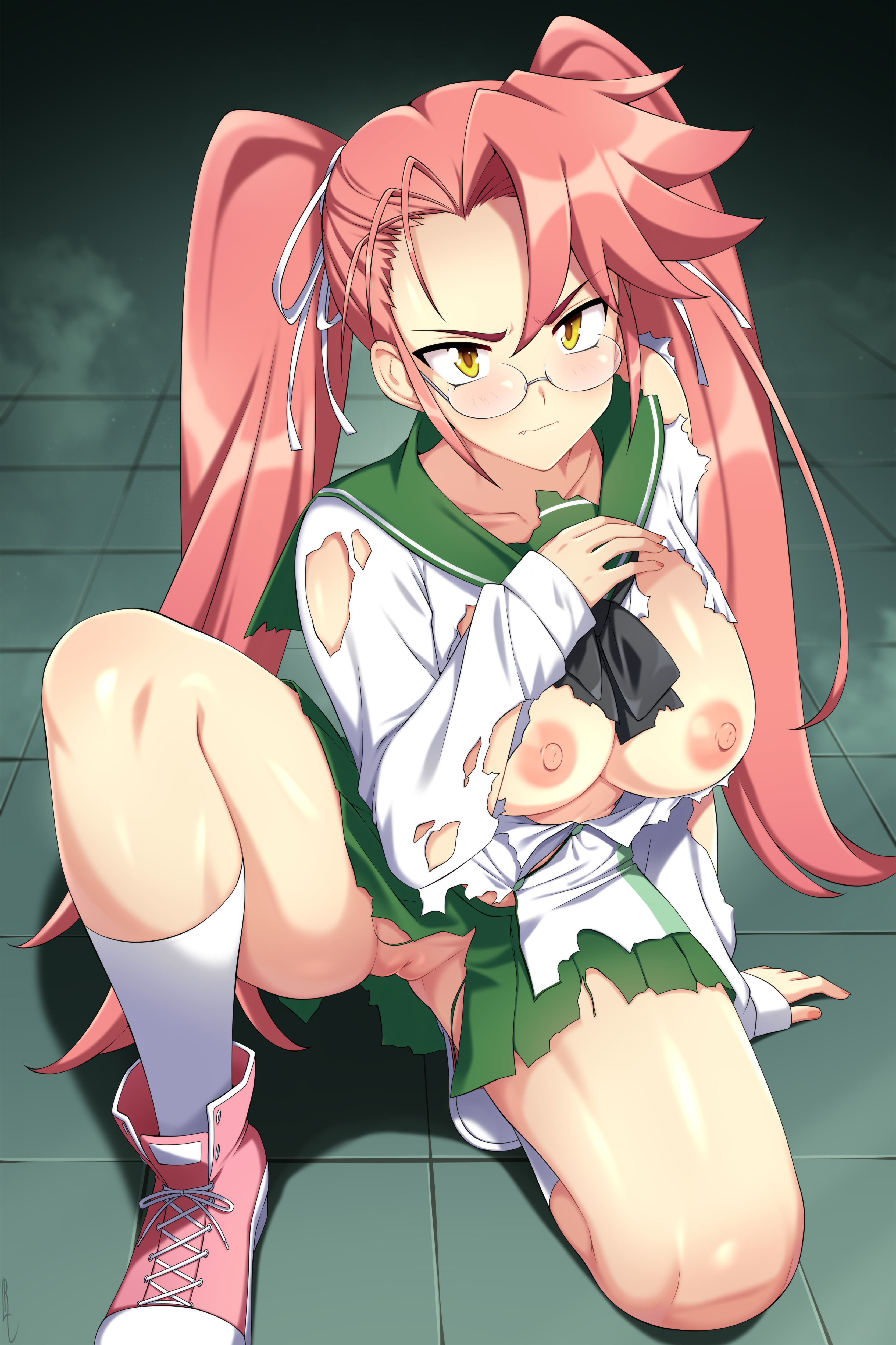 1girl, 1girls, crouching, fang, female, glasses, hi res, highres, highschool of the dead, lindaroze, looking at viewer, nipples, no bra, no panties, oerba yun fang, panties, pink hair, pink shoes, pink sneakers, pussy, saya takagi, school uniform, schoolgirl uniform, serafuku, tagme, torn clothes, twintails, yellow eyes