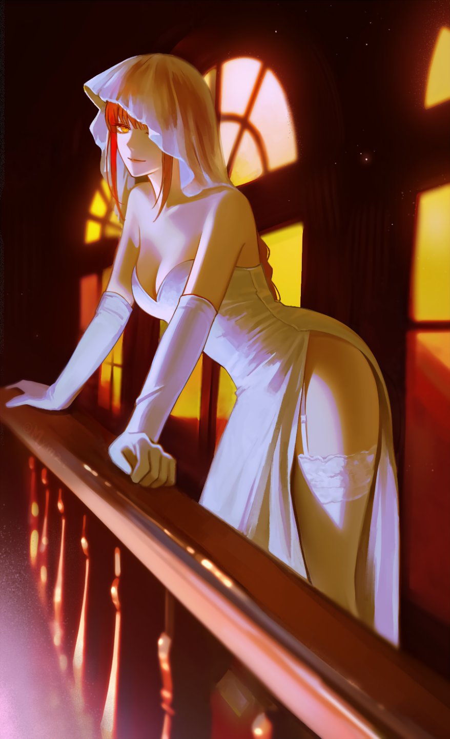 1girls, 2d, 2d (artwork), bare shoulders, bob cut, bride, bride veil, chainsaw man, child bearing hips, cleavage, collarbone, exposed thighs, female, gloves, glowing eyes, hat, high quality, leaning forward, lingerie, long gloves, long hair, long legs, looking at viewer, makima (chainsaw man), marriage, mymzi (mymzidraws), night, red hair, slim waist, stockings, tagme, thighhighs, thighs, veil, white body, white dress, white gloves, white legwear, wide hips, wife, yellow eyes