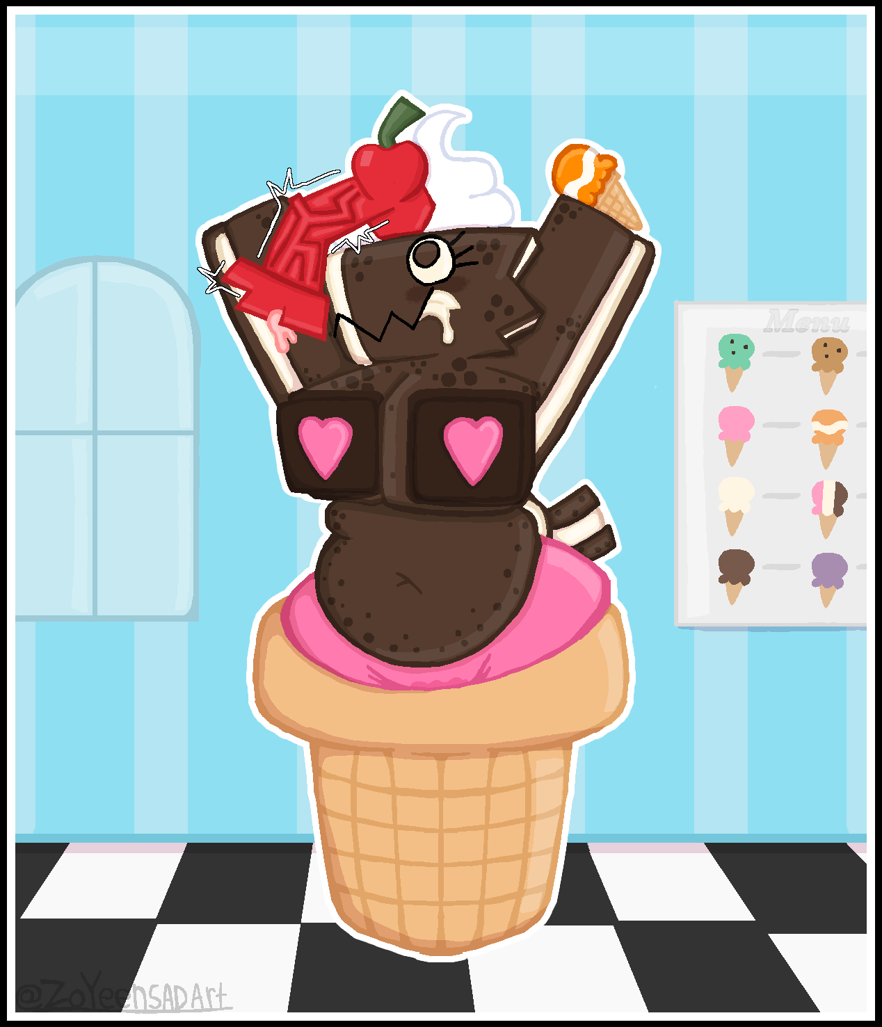 animate_inanimate anthro balls big_nipples black_border bodily_fluids border breasts checkered checkered_floor clothing colored_cum cum dairy_products dessert dragon dress duo eyelashes female food food_creature freckled_breasts freckled_face freckles genital_fluids genitals hi_res holding_food holding_object ice_cream ice_cream_cone ice_cream_creature ice_cream_parlor ice_cream_sandwich male male/female menu munchy_(zoyeensadart) mythological_creature mythological_scalie mythology nipples pasties penis pink_cum precum red_balls red_penis scalie small_but_hung throbbing throbbing_penis tongue tongue_out unusual_bodily_fluids unusual_cum unusual_genital_fluids vaginal_fluids vein veiny_penis whipped_cream window zoyeensadart