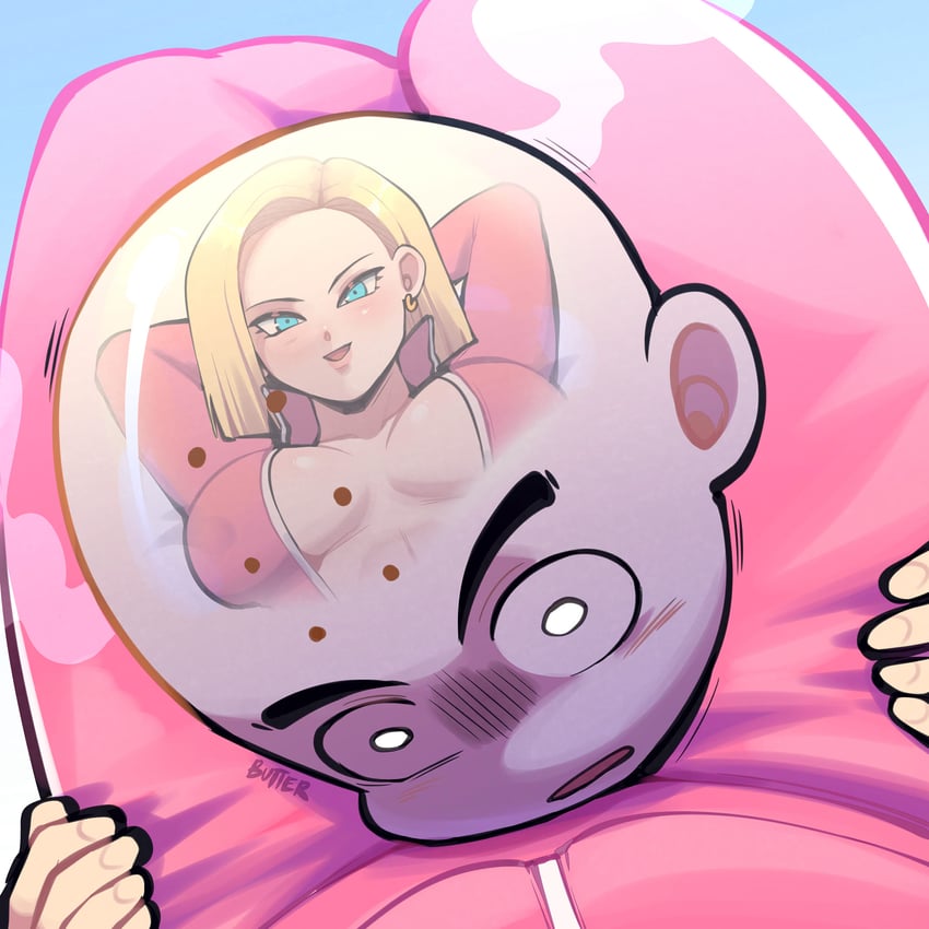 android 18, bald, butter sugoi, choking, dragon ball, dragon ball super, dragon ball z, female, foreplay, humor, humor porn, krillin, kuririn, reflection, reflective skin, shiny skin, smaller male, thigh grab, thighs, track jacket, track suit, tracksuit, turning blue