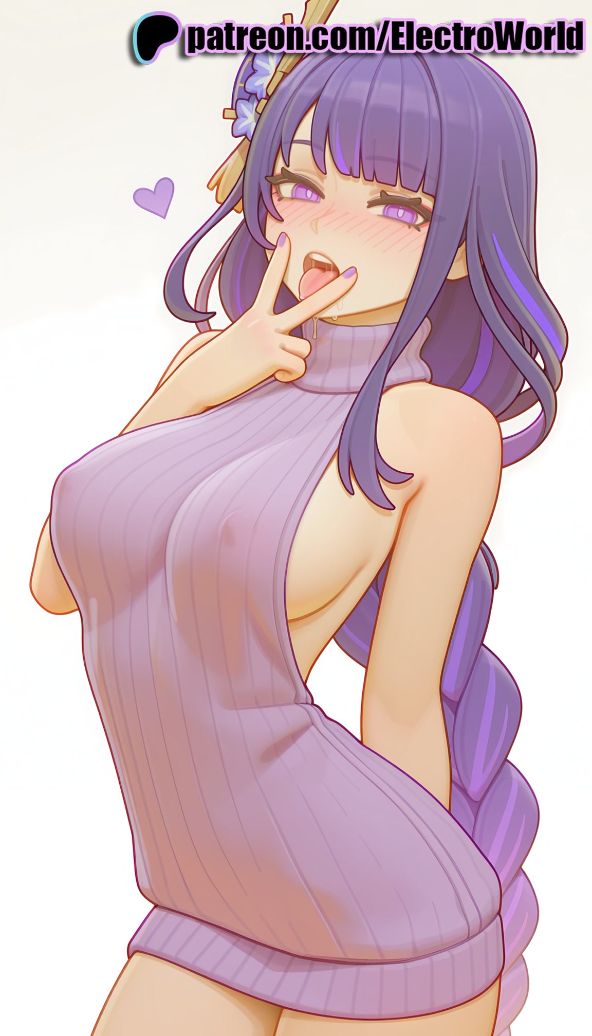 1girls, 2025, ai generated, artist name, bangs, bare shoulders, blunt bangs, blush, braid, breasts, bust, chest, covered nipples, electroworld, female, genshin impact, heart, hi res, high quality, high resolution, highres, hoyoverse, long hair, meme attire, naked sweater, patreon, patreon username, purple eyes, purple hair, raiden shogun, ribbed sweater, single braid, solo, stable diffusion, sweater, virgin killer sweater, watermark