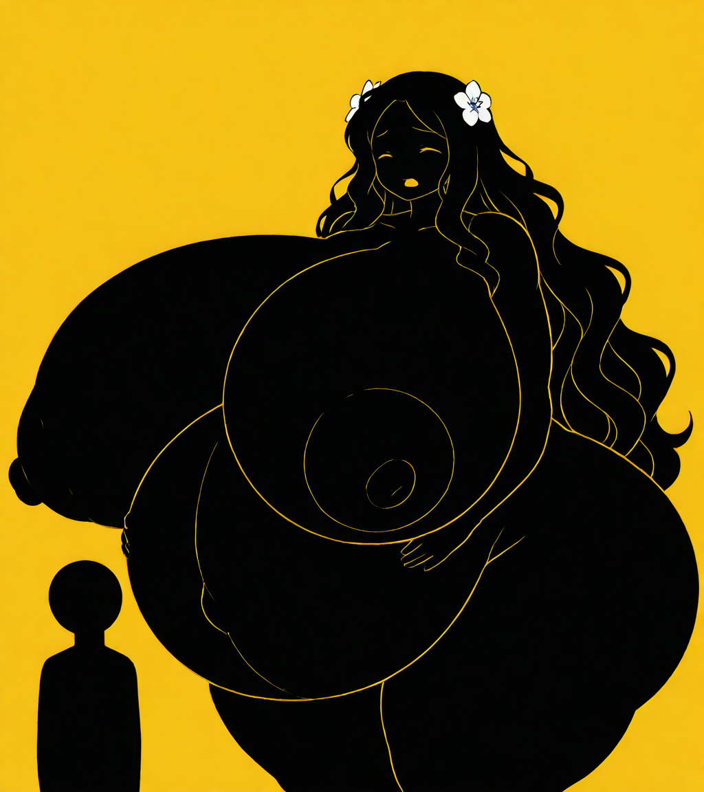 1girls 1other ai_generated aroused closed_eyes female flower_in_hair giantess gigantic_breasts goddess huge_areolae huge_belly huge_nipples in_heat open_mouth pixai pregnant stickfigure stickman thick_thighs warning_sign wide_hips