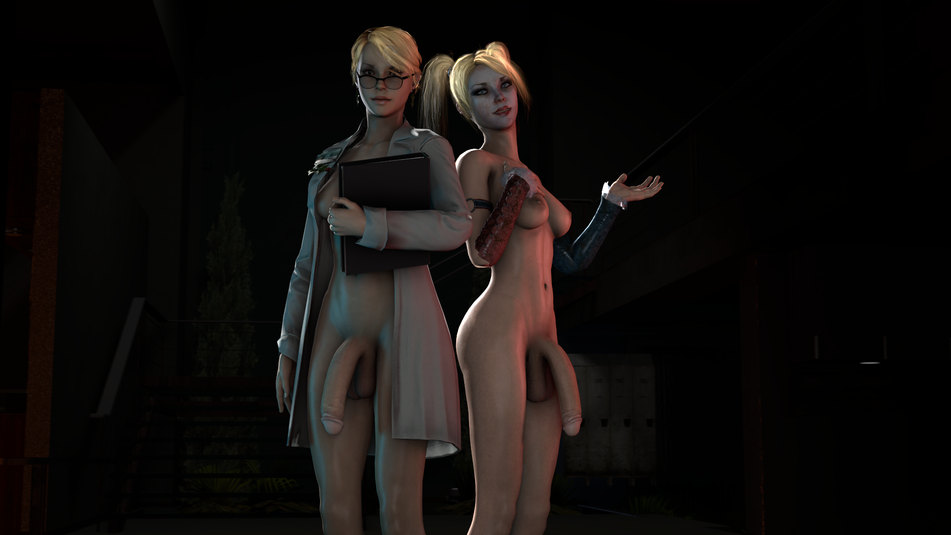 2futas, 3d, balls, batman (series), batman: arkham knight, batman: arkham origins, big balls, big breasts, big penis, blonde hair, breasts, dc, dc comics, derpsycho333, dickgirl, dr. harleen quinzel, dual persona, futa only, futanari, glasses, harleen quinzel, harleen quinzel (arkham origins), harley quinn, harley quinn (arkham knight), harley quinn (arkham), intersex, labcoat, looking at viewer, multiple futa, nipples, nude, penis, source filmmaker