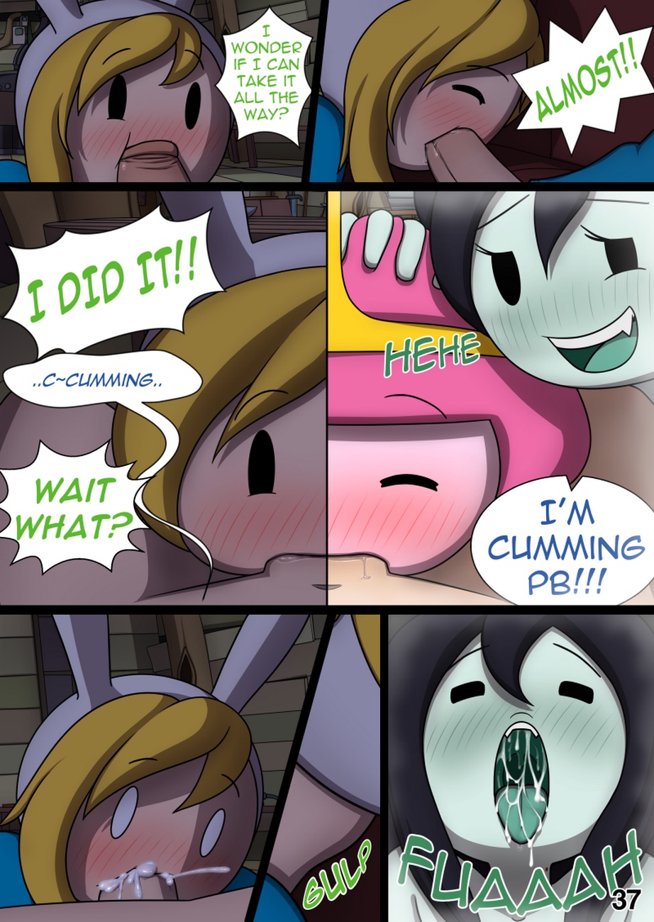 1boy, adventure time, black eyes, black hair, blonde hair, blue shirt, blush, comic, crown, cubbychambers, cum, cum in mouth, cum overflow, cum swallow, deepthroat, dialogue, ejaculation, eyebrows, eyebrows visible through hair, fellatio, female, finn the human, fionna the human girl, grey skin, hand on head, hat, male, marceline, open mouth, oral, orgasm, pink hair, princess, princess bubblegum, royalty, selfcest, sleeping, swallowing, tagme, vampire, white eyes, white hat