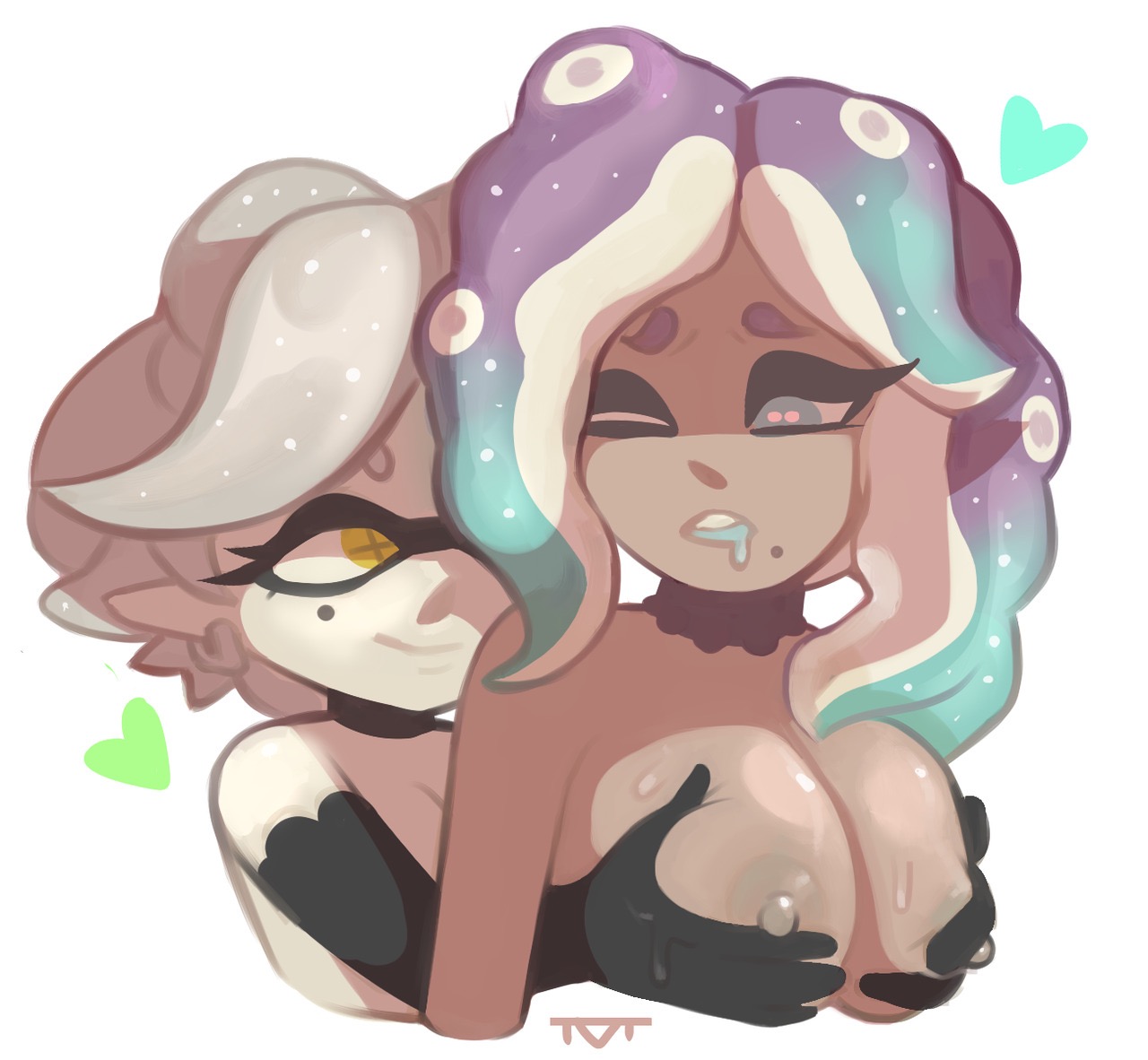2girls, breasts, dark skin, dark-skinned female, female, holding breasts, inkling, light skin, marie (splatoon), marina (splatoon), nintendo, octopus, splatoon, splatoon 2, squid, squid sisters, tentacle hair, vanilluxxxe, yuri