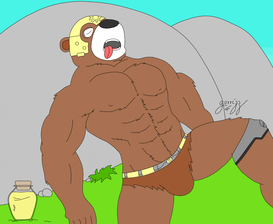 10s 1boy 2015 bara bear bladvic_(legends_of_chima) bulge flat_colors gorrizz helmet honey_(food) legends_of_chima lego loincloth male male_only muscular sleeping solo tongue_out