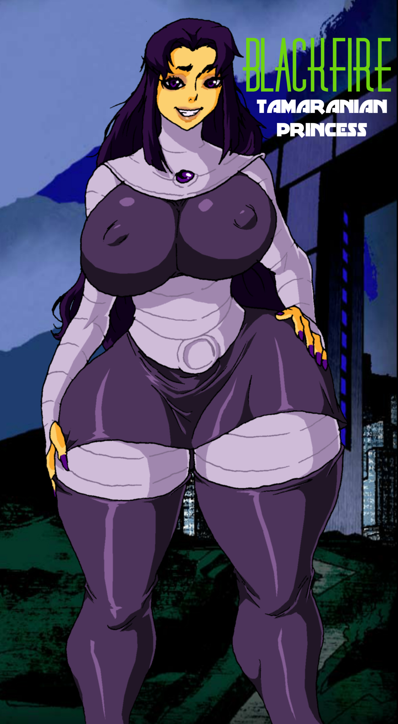 1girls, 2014, 5ifty, alien, alien girl, alien humanoid, alien only, alternate body type, alternate breast size, alternate thigh size, ass, big breasts, blackfire, breasts, breasts bigger than head, dark hair, dark-haired female, dc, dc comics, deviantart, eyebrow raised, fat thighs, female, full body, fully clothed, hand on hip, hand on own hip, hand on own thigh, hand on thigh, hourglass figure, hourglass figured female, huge ass, huge breasts, jay-marvel, jpg, komand'r, massive breasts, name in background, name in text, nipples visible through clothing, old art, orange body, orange skin, orange skinned female, princess, purple eyes, purple hair, purple nails, royal, royalty, screencap background, seductive, seductive eyes, seductive pose, slim thick, slim waist, smile, smiling at viewer, solo, solo female, solo focus, tamaranean, teen titans, text, thick thighs, thunder thighs, thunderthighs, voluptuous, voluptuous female