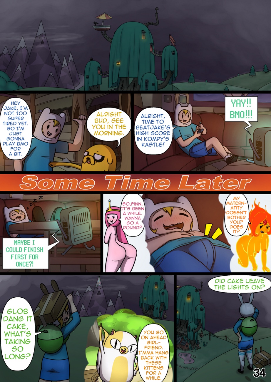 1boy, 3girls, adventure time, ass, backpack, bag, big ass, breasts, cake the cat, cartoon network, cat, comic, cubbychambers, erection, female, finn the human, fionna the human girl, flame princess, human, male, pregnant, princess bubblegum, tagme, text