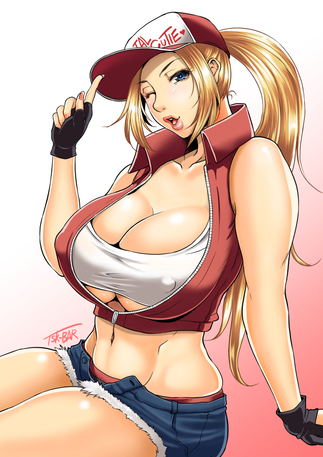 1girls abs bare_shoulders baseball_cap bimbo blonde_hair blue_eyes breasts canon_genderswap cap cleavage cropped_legs denim denim_shorts erect_nipples erect_nipples_under_clothes fatal_fury female female_only fingerless_gloves genderswap_(mtf) gloves hat hourglass_figure king_of_fighters large_breasts long_hair navel nipple_bulge one_eye_closed open_mouth ponytail rule_63 sitting snk snk_heroines:_tag_team_frenzy solo terry_(snk_heroines:_tag_team_frenzy) terry_bogard text toguchi_masaya tongue unzipped voluptuous watermark wink