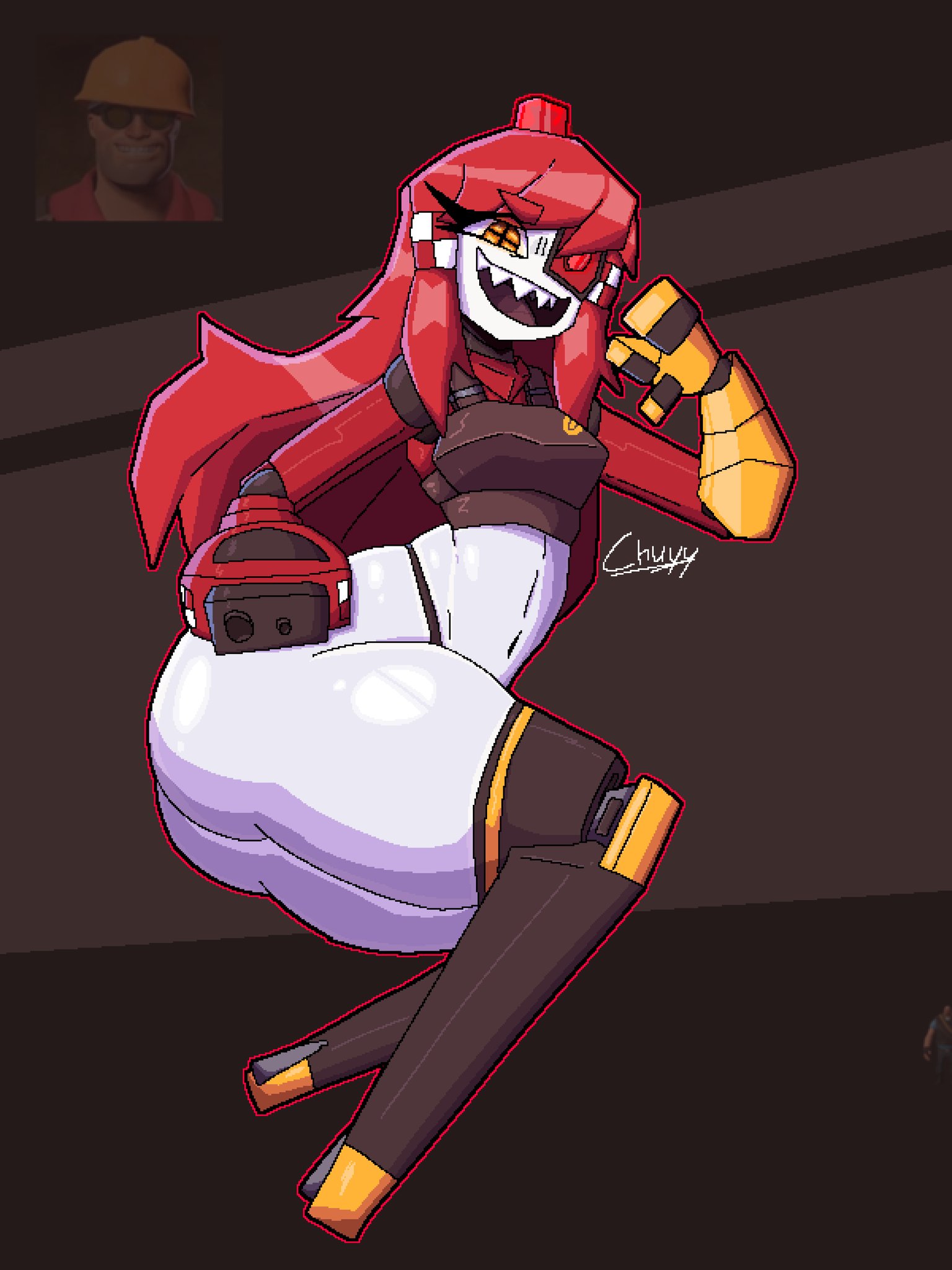 1girls, ass, ass bigger than head, bent over, big ass, big butt, black thong, breasts, chuyy, clothed, engineer (team fortress 2), female, female focus, female only, huge ass, huge butt, large ass, long hair, looking at viewer, lying, lying on side, mimi sentry, on side, open smile, panties, red hair, robot, robot girl, robot humanoid, seductive, seductive look, smile, smiling at viewer, solo, solo female, solo focus, team fortress 2, thick thighs, thong, underwear, white body, yellow eyes