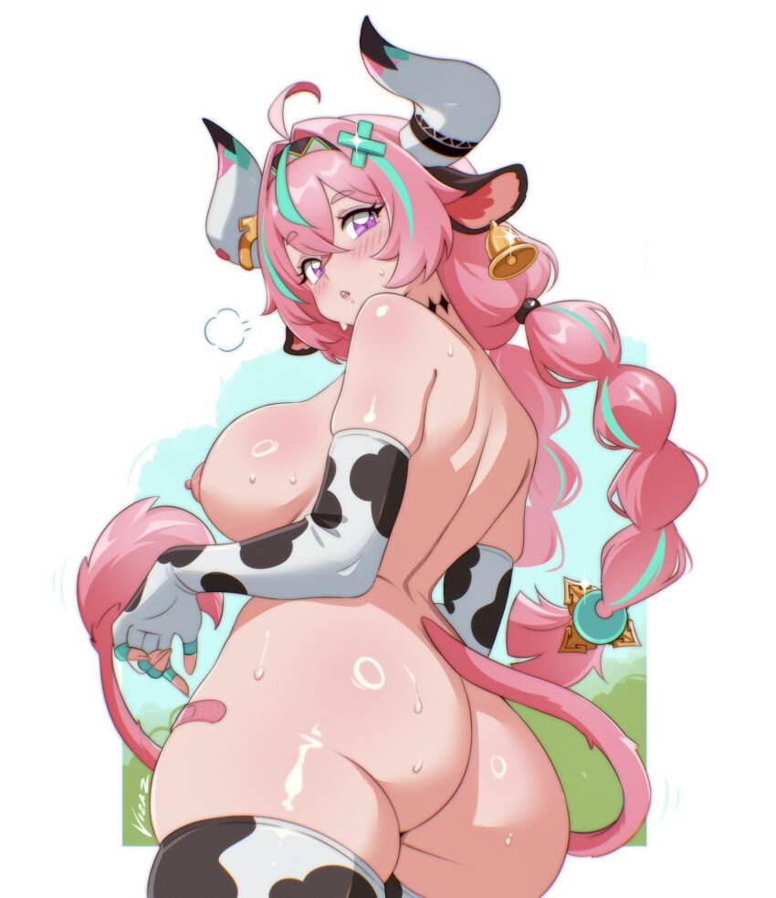 1girls, ahoge, aqua hair, ass, braid, breasts, cow ears, cow girl, cow horns, cow print, cow tail, curvy, ear bell, elbow gloves, female, genshin impact, hi res, horns, hoyoverse, huge ass, huge breasts, long hair, looking at viewer, multicolored hair, nipples, pink hair, purple eyes, thick thighs, thighs, varesa (genshin impact), vizaz, voluptuous