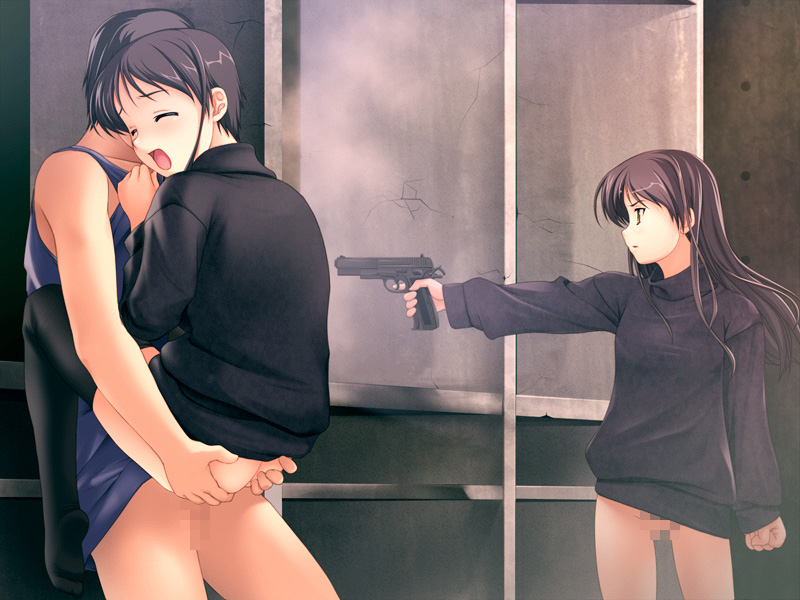 brown_hair casual censored cocked_hammer cz-75 dancing_crazies female firearm gun gunpoint handgun holding human male no_panties pale_skin pistol sasaki_tamaru semiautomatic sex thighhighs vaginal_penetration weapon