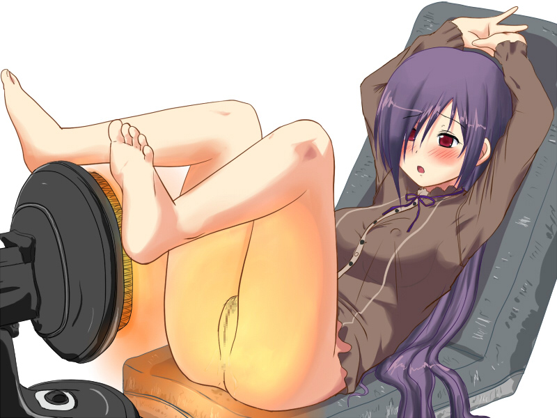 arms_up barefoot blush bottomless breasts censored erect_nipples feet heater large_breasts long_hair mikage_(toppara) pubic_hair purple_hair pussy red_eyes segirl soles toppara