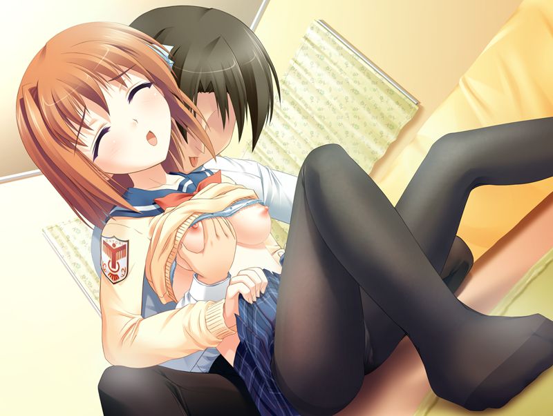 bed black_hair bow breasts brown_hair cleavage closed_eyes curtains dutch_angle feet floor jpeg_artifacts kakizaki_mashiro mashiro_botan nipples panties panties_under_pantyhose pantyhose plaid pointy_chin school_uniform shirt_lift shirt_pull short_hair sideboob sitting skirt source_request tartan tongue underwear window