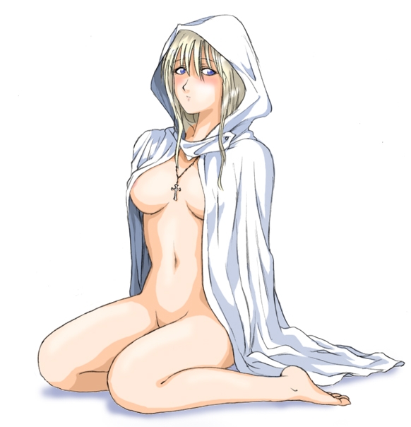 1girls blue_eyes blush castlevania castlevania_iii:_dracula&#039;s_curse casual cleavage cloak clothing cross female female_only functionally_nude hood human necklace neckwear nude outerwear pale_skin rosary solo solo_female sypha_belnades wariza