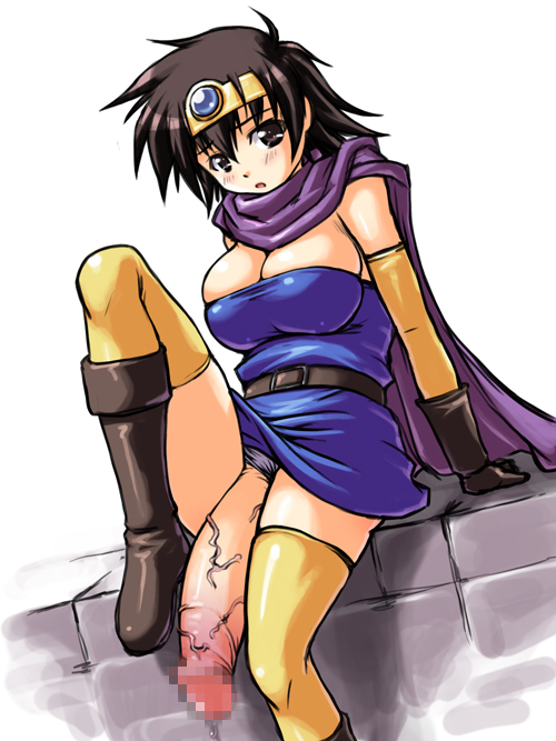 1futa abu blush boots breasts brown_eyes brown_hair cape censored circlet cleavage clothing dragon_quest dragon_quest_iii dress elbow_gloves futanari gloves hair heroine_(dq3) huge_cock intersex legwear medium_breasts panties penis roto short_hair solo_futa stockings thighhighs veins veiny_penis