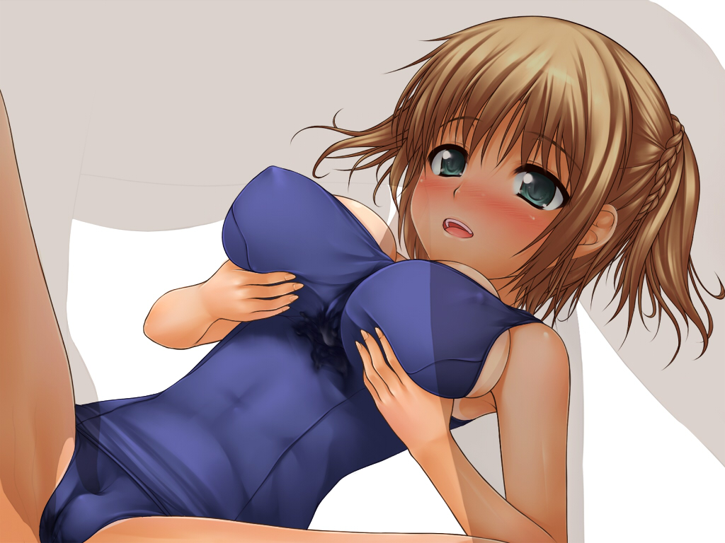 blush breast_grab breasts copyright_request crotch_grab cum cum_on_clothes erect_nipples female green_eyes male nipples one-piece_swimsuit paizuri paizuri_over_clothes paizuri_under_clothes penis school_swimsuit straight swimsuit tan tanline uni8