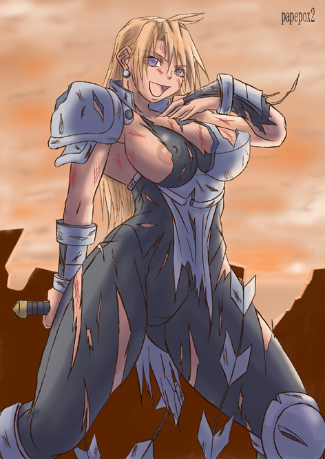 areolae armor blonde_hair curvy female janne_d'arc nipple_slip nipples papepox2 smile snk torn_clothes world_heroes