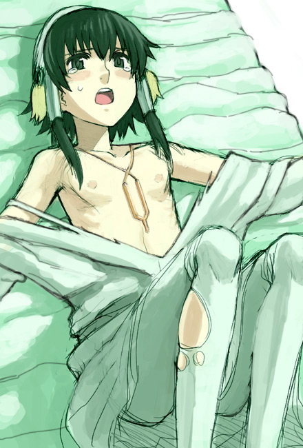 femboy green_hair ion_(tales_of_the_abyss) male_only ripped_clothing solo tales_of_(series) tales_of_the_abyss tears trap