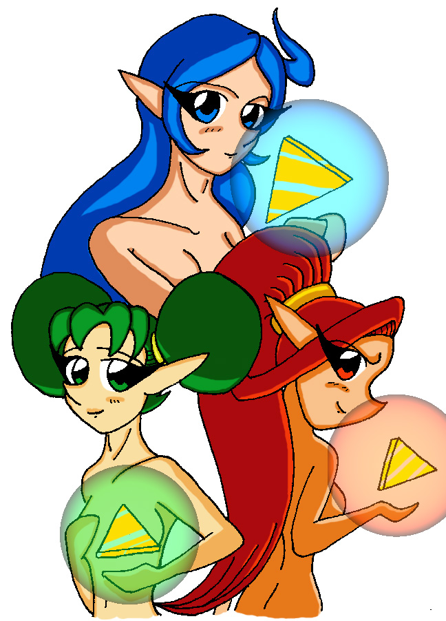 blue_hair din farore nayru nintendo oracle_of_ages oracle_of_seasons straight_hair the_legend_of_zelda