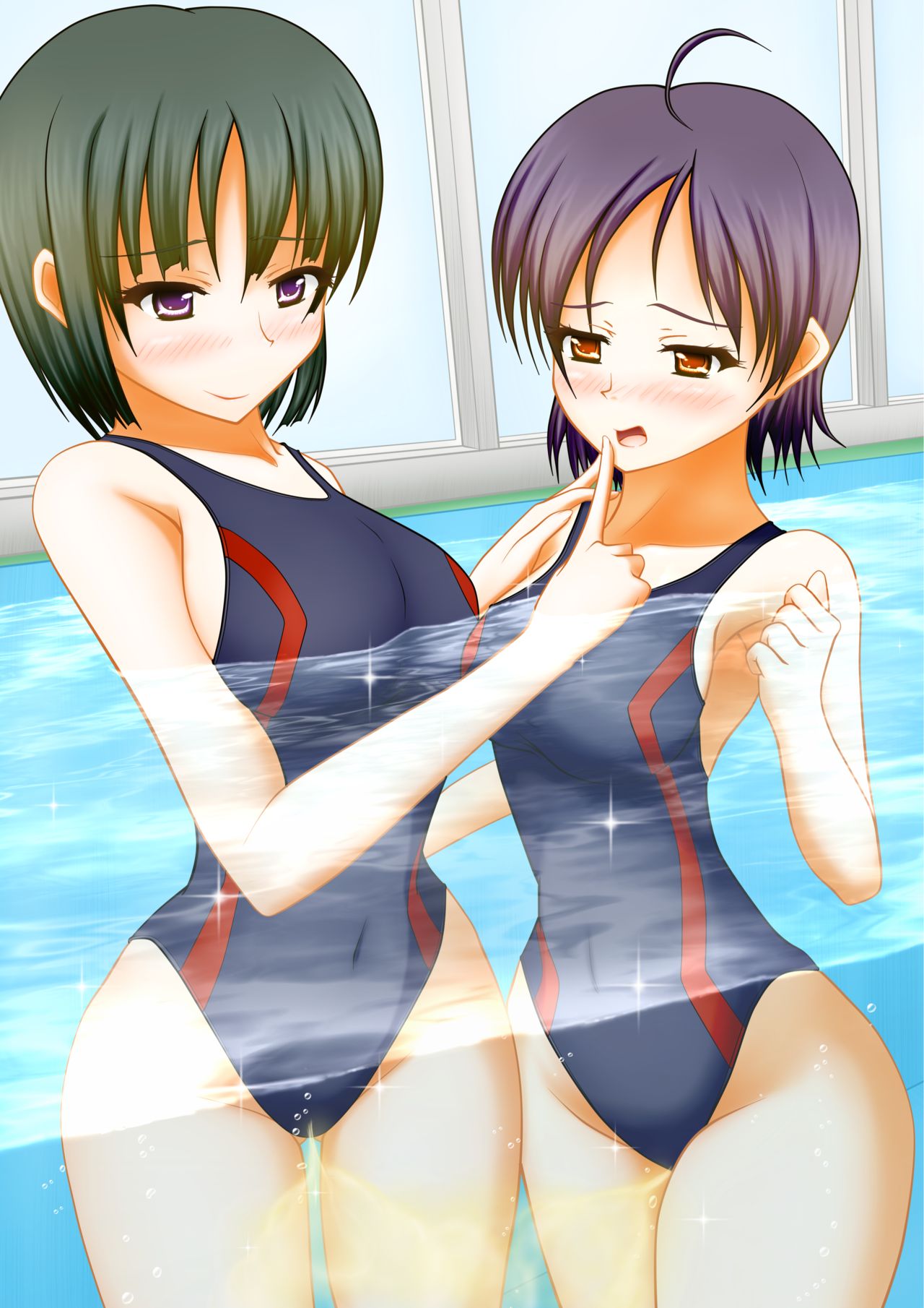 2girls character_request copyright_request female female_only light_blush multiple_girls one-piece_swimsuit peeing peeing_self peeing_together pullpull15 swimming_pool swimsuit swimwear urinating urination urine urine_stream yuri