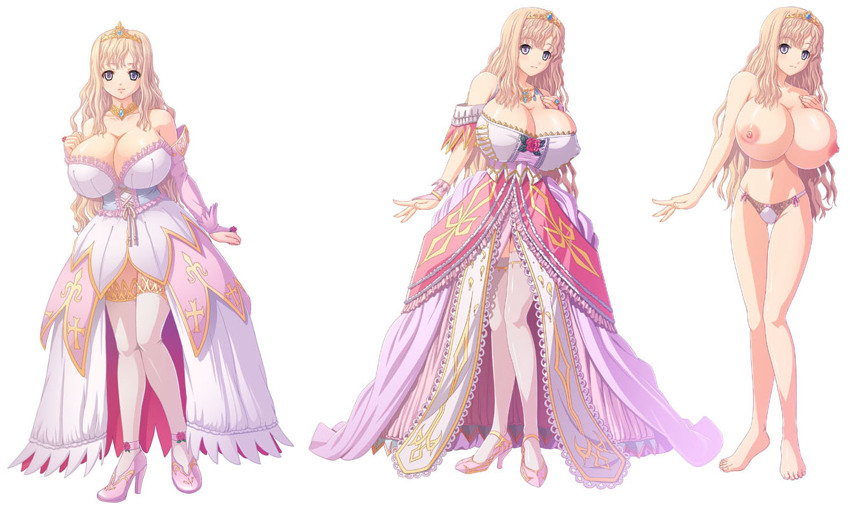 10s 1girl 
 alternate_costume bangs barefoot blonde_hair blush bow bow_panties breasts bridal_gauntlets bursting_breasts character_sheet clenched_hand corset cross-laced_clothes detached_sleeves dress feet female_focus flower formal frilled_dress frills full_body gem gown grey_eyes groin hand_on_own_chest high_heels huge_breasts human_only jewelry kyonyuu_fantasy kyonyuu_fantasy_gaiden lace lace-trimmed_dress lace-trimmed_panties lace_trim light_smile lingerie long_hair long_legs looking_at_viewer luceria_von_diamante narrow_waist navel necklace nipples no_bra official_art panties panties_only parted_bangs princess q-gaku rose shoes simple_background skindentation smile solo standing thigh_gap thighhighs tiara topless underwear underwear_only very_long_hair white_background white_panties white_thighhighs