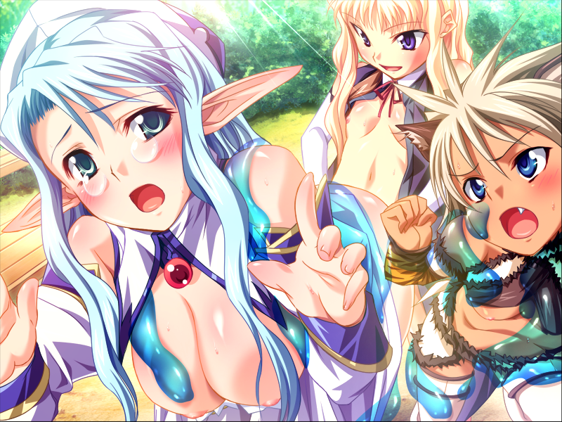 3girls animal_ears blonde_hair blue_eyes blush breasts cat_ears cleo_cragganmore cute_fang elf game_cg harem_party multiple_girls nia_schlichte pointy_chin pointy_ears slime sofisutia_gushigusu