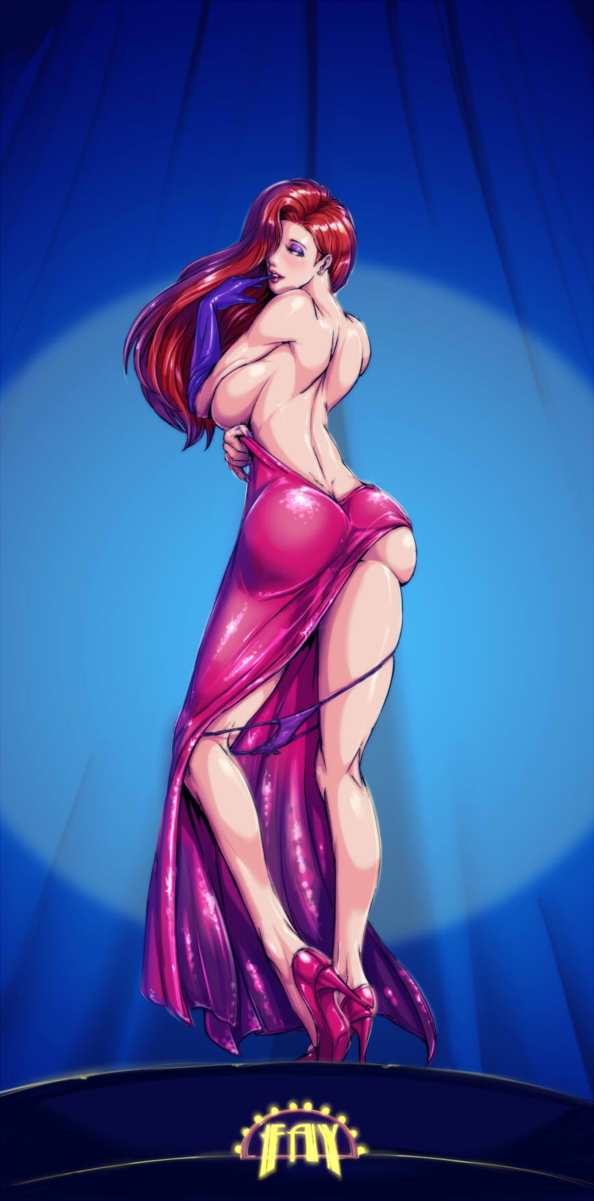 1girls ass backboob backless_dress breasts disney dress dress_slip faymantra female female_only jessica_rabbit large_breasts long_hair panties_down red_hair sideboob solo standing who_framed_roger_rabbit