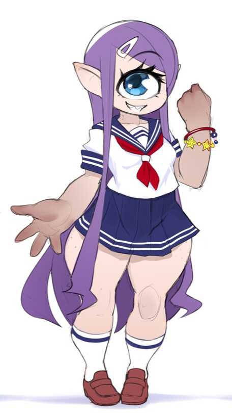 cyclops cyclops_girl juno_the_cyclops_(krokobyaka) krokobyaka one_eye original original_character purple_hair school_uniform schoolgirl_uniform slippers tagme third-party_edit