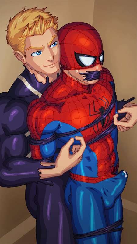 2boys bodysuit cum_under_clothes dominant_male eddie_brock gagged gay gay_sex marvel marvel_comics masked nipple_play peter_parker spider-man teasing_nipple tied_up venom_(marvel) yaoi