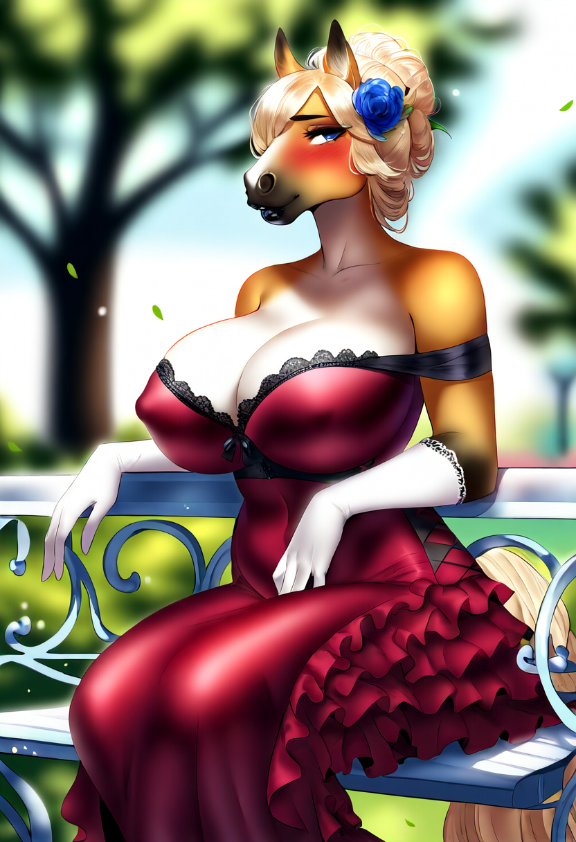 ai_generated blonde_hair blue_eyes blush cleavage draft_horse dress female_focus furry_female furry_only giant_breasts large_breasts majorfluffy mature_female necklace novel_ai novelai off_shoulder opera_gloves public sitting sitting_down solo solo_female solo_focus thick_bottom_lip thick_thighs two-tone_body updo