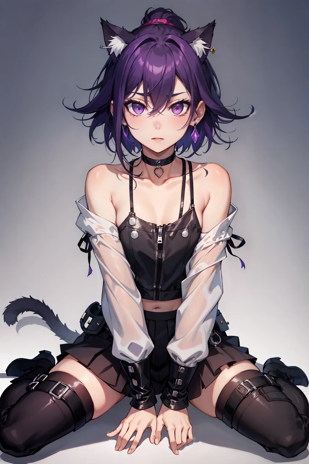 1boy ai_generated cat_ears cat_tail earrings femboy good_boy male male_focus male_only nick_(original_character) on_knees original_character ponytail purple_hair skirt tagme thighhighs trap