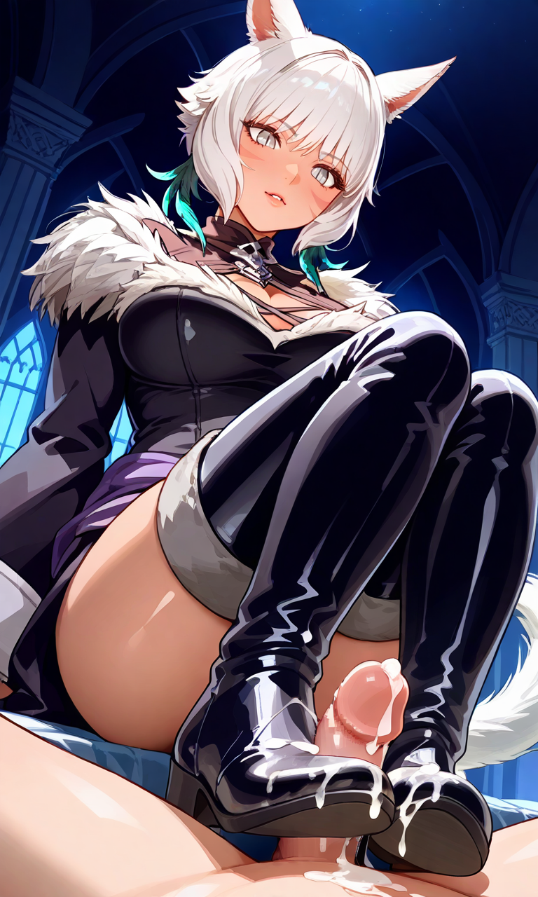 ai_generated bootjob catgirl ffxiv final_fantasy_xiv patent_boots white_hair y&#039;shtola y&#039;shtola_rhul