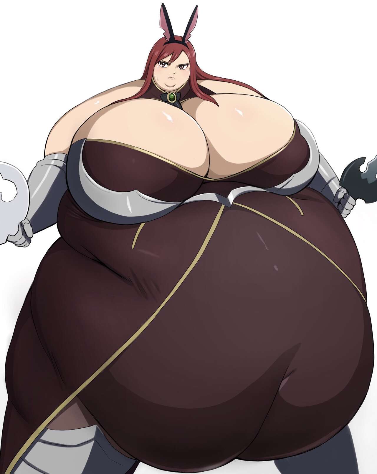 erza_scarlet fairy_tail fat_female fat_fetish large_belly large_breasts nikutsuki obese red_hair skintight_bodysuit ssbbw