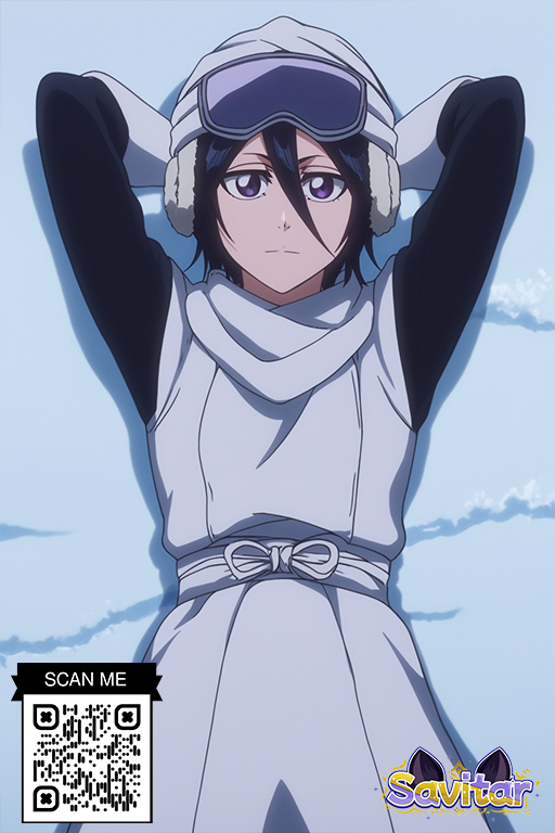 1boy ai_generated bangs black_hair bleach closed_mouth clothing female female goggles goggles_on_head goggles_on_headwear hair_between_eyes hat headwear kuchiki_rukia kuchiki_rukia littlehentai looking_at_viewer male purple_eyes savitar savitar_(artist) scarf short_hair smile snow snowing solo tegami_bachi upper_body white_scarf