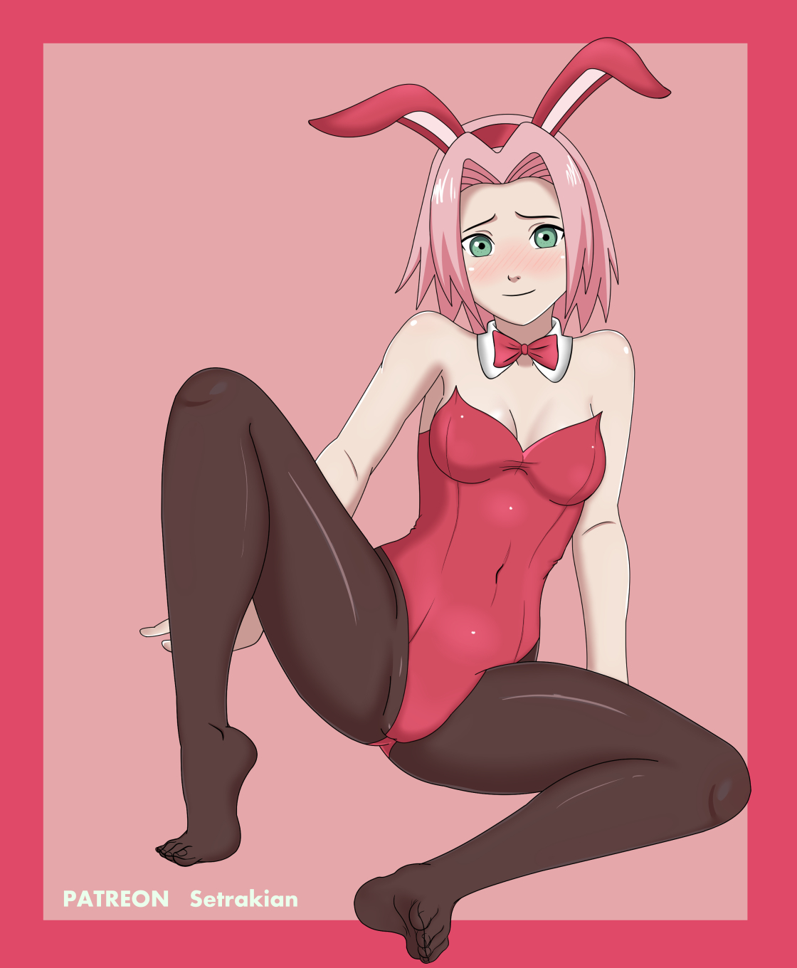 1girls, ass, breasts, bunny costume, bunny ears, bunny girl, bunnysuit, cleavage, clothed, feet, female, female only, green eyes, human, looking at viewer, naruto, naruto (series), naruto shippuden, pink hair, sakura haruno, setrakian, short hair, sitting, solo, spread legs, text, toes, watermark