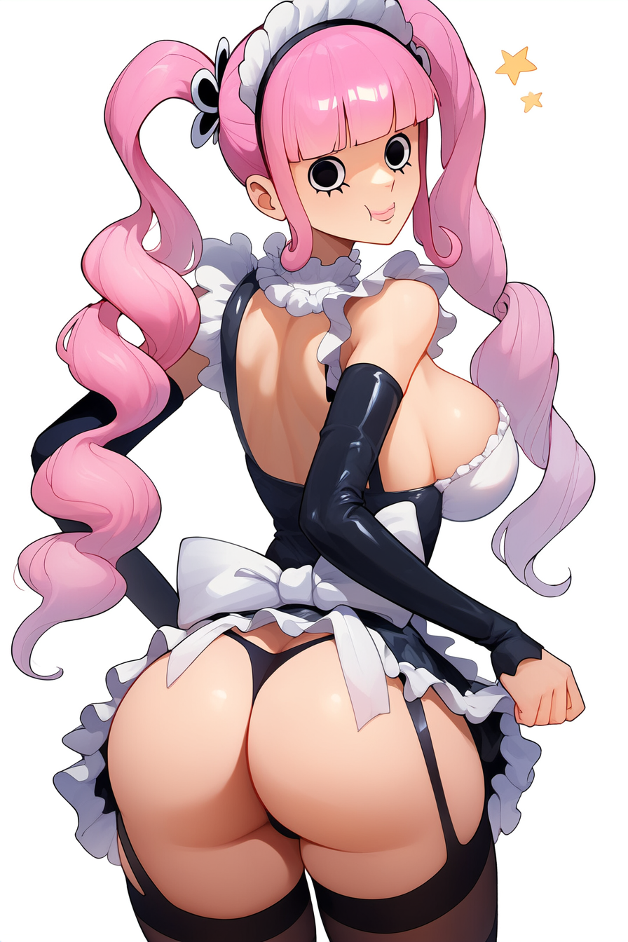 ai_generated ass_cleavage big_ass bow female female_only looking_at_viewer looking_back maid maid_headdress maid_outfit maid_uniform one_piece perona pink_hair thick_thighs thong turned_around