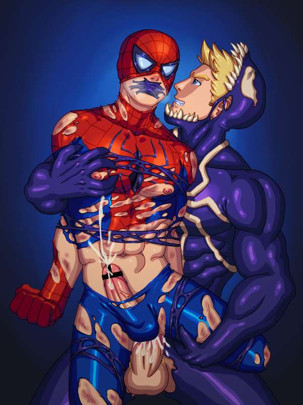 2boys abs anal arm_on_chest bodysuit bruised cum_in_ass dominant_male eddie_brock forced_anal gagged marvel marvel_comics masked muscles peter_parker rape spider-man tied_up torn_bodysuit venom_(marvel) yaoi