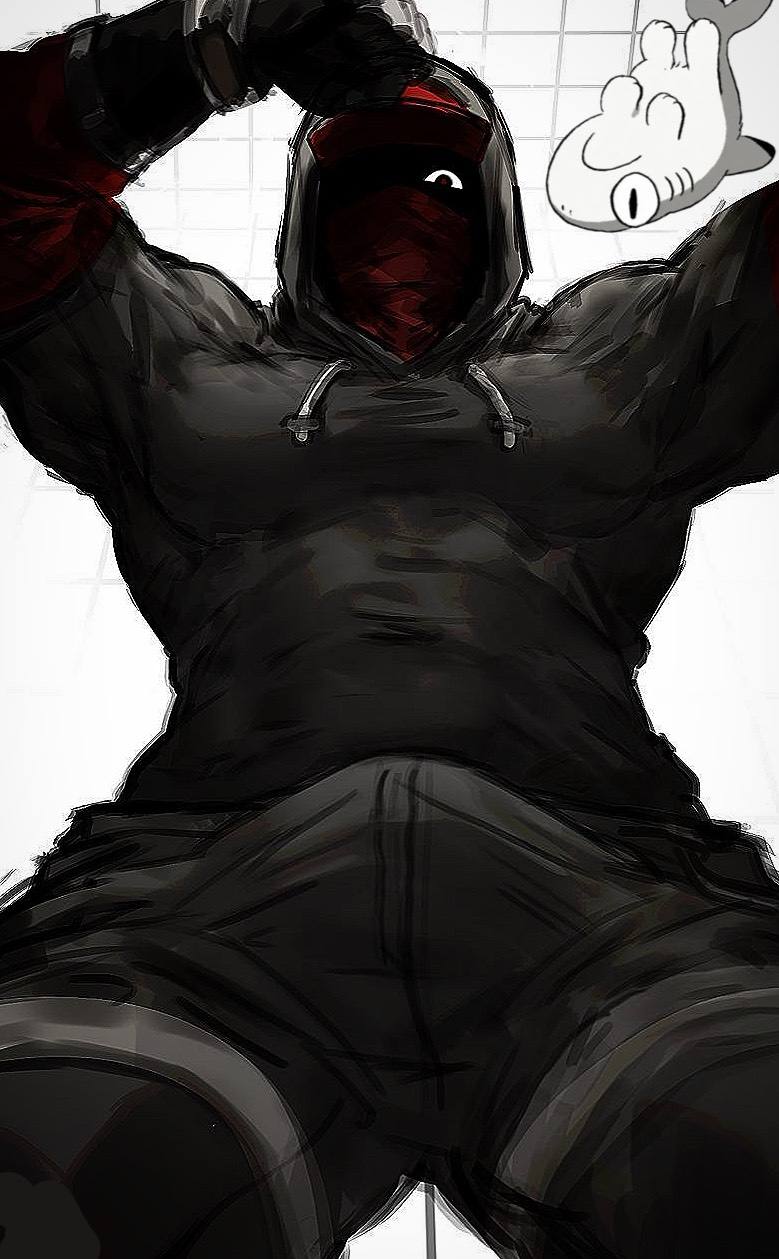 bara bulge bulge_through_clothing clothed fully_clothed hoodie looking_at_viewer looking_down looking_down_at_viewer male mask masked_male monsterxmediator muscular_male nauseaxe_404 shadow_over_eyes solo solo_male submissive_pov