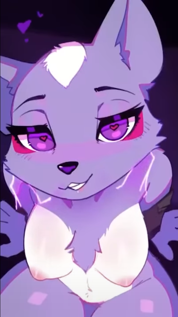 aggretsuko anthro bedroom_eyes blush breasts disembodied_hand duo female fluffy fluffy_chest freeedon fur ghost_hand heart_symbol male male/female mammal medium_breasts mephitid narrowed_eyes nipples nude pink_nipples purple_body purple_fur sanrio seductive shikabane_(aggretsuko) skunk smile smiling_at_viewer white_body white_fur