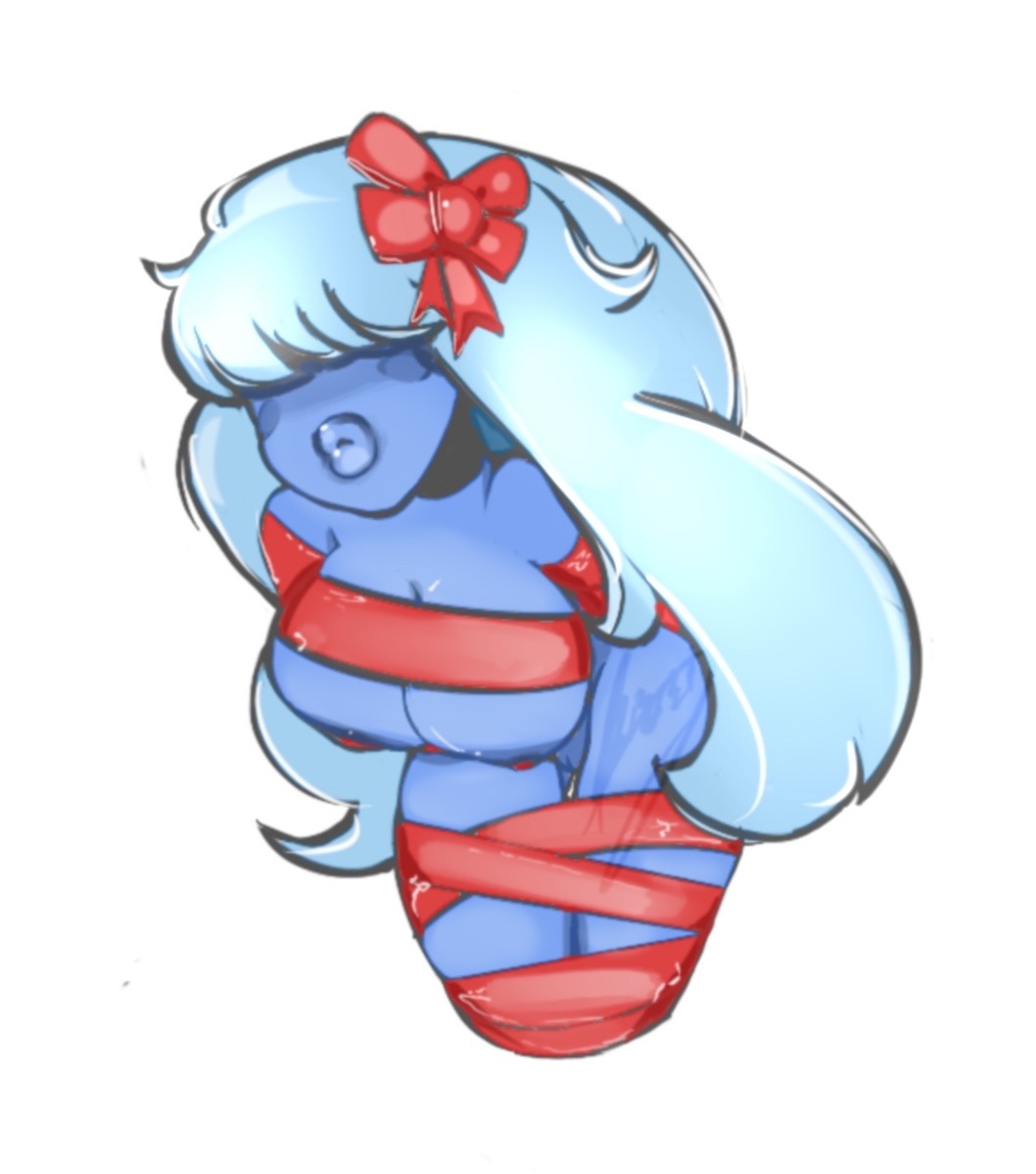 bangs bangs_over_eyes blue_body blue_hair blue_skin bondage breasts breasts cartoon_network christmas female female_focus female_only long_hair ribbon sapphire_(steven_universe) steven_universe steven_universe:_the_movie steven_universe_future tied tied_arms tied_legs tied_up