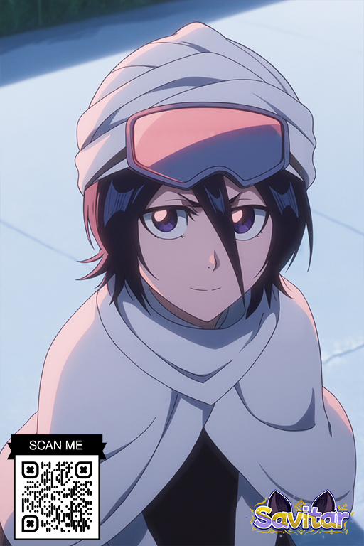 1boy ai_generated black_hair bleach cloak closed_mouth clothing female female goggles goggles_on_head hair_between_eyes hat headwear kuchiki_rukia kuchiki_rukia littlehentai looking_at_viewer male purple_eyes savitar savitar_(artist) scarf short_hair smile solo text upper_body white_cape