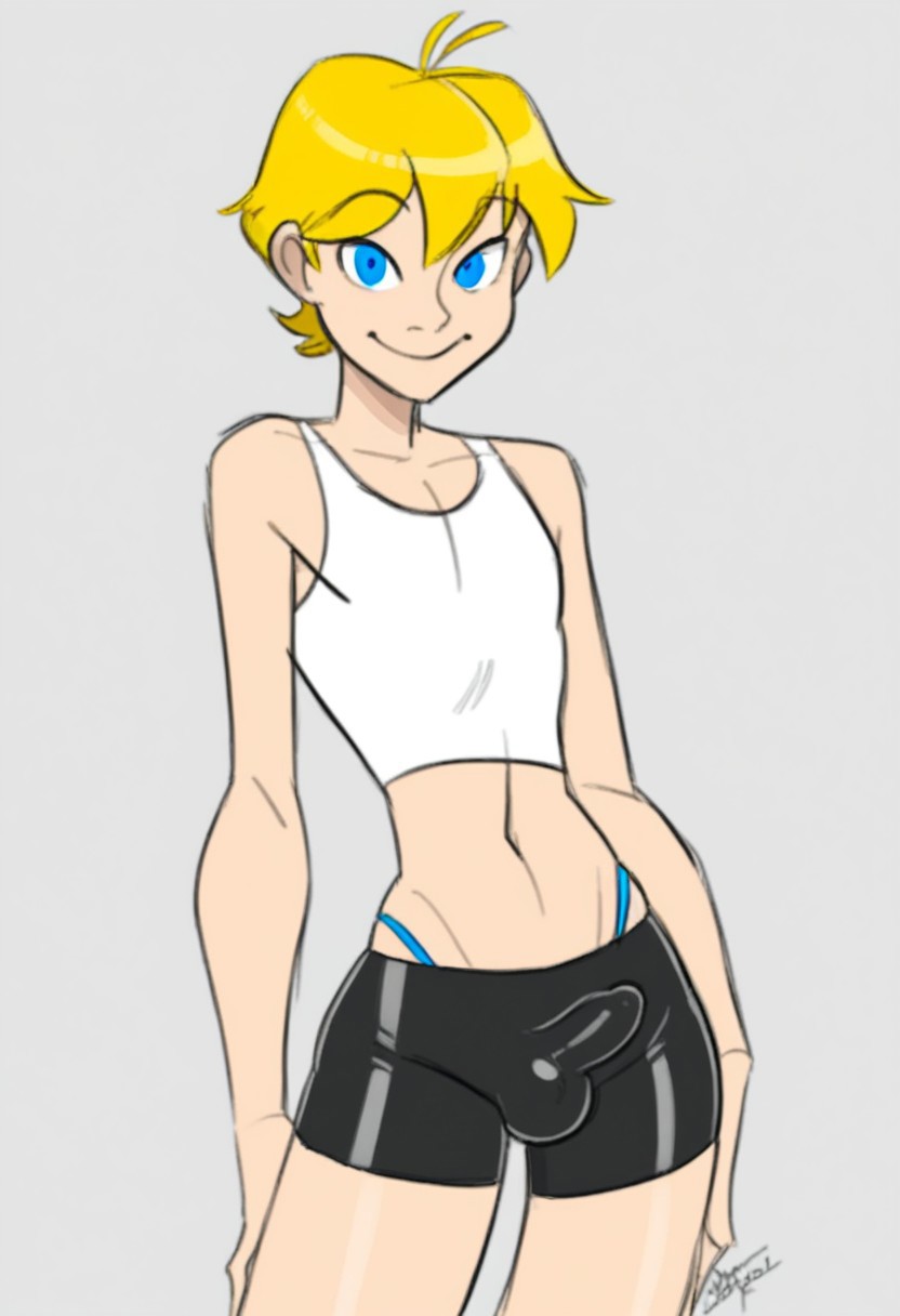 1femboy 2d 2d_(artwork) aeolus06_(style) ai_generated black_shorts blank_background blonde_femboy blonde_hair blonde_hair_blue_eyes blonde_hair_femboy blue_eyes blue_panties bulge bulge_through_clothing cheerful civitai crossdressing cute_face cute_femboy femboy highleg_panties highleg_thong light_skin looking_at_viewer male midriff milf_enjoyer navel panties small_penis small_penis_femboy smile smiling smiling_at_viewer solo solo_femboy spandex_shorts tank_top thong white-skinned_femboy white_skin white_tank_top