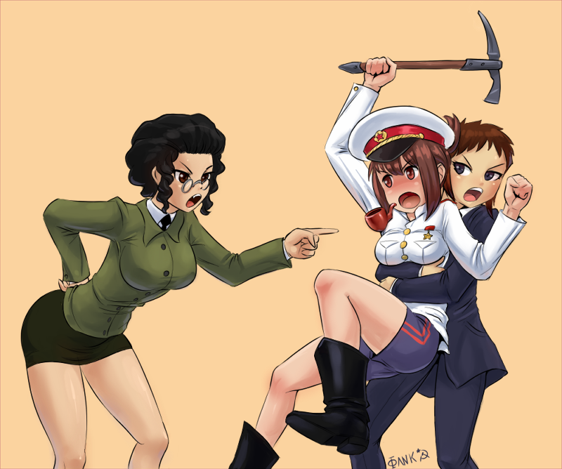 3girls angry arms_around_waist bent_over black_hair boots brown_hair clenched_fist exposed_legs exposed_thighs fist_on_own_hip flick flick-the-thief funny glasses history holding_back ice_pick joseph_stalin leon_trotsky lev_trotsky medal medium_breasts not_porn office_lady peaked_cap pencil_skirt pointing_at_another real_person restrained restraining rule_63 sfw short_hair short_skirt shorts skirt slim_waist smoking_pipe stalinka suit threatening vladimir_lenin