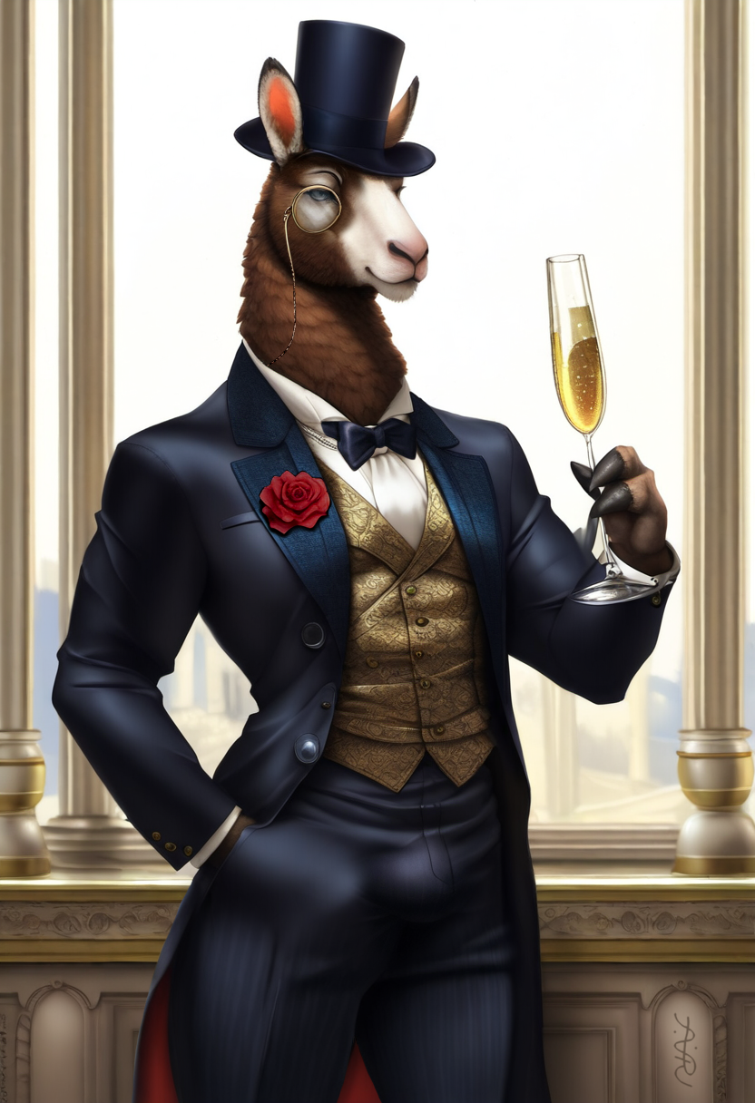 1boy 2024 ai_generated anthro avaru brown_fur champagne deviantart fancy_clothing fur furry furry_only llama male male_focus male_only mammal pink_nose solo top_hat