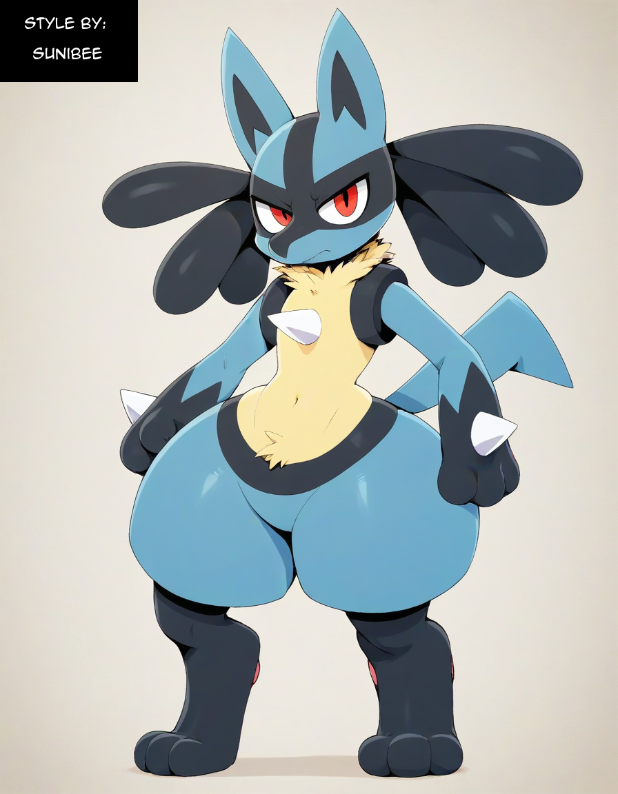 3_fingers 3_toes ai_generated ambiguous_gender anthro black_body black_fur blue_body blue_fur canid canine featureless_crotch fur generation_4_pokemon hellsonger hi_res looking_at_viewer lucario mammal navel nintendo pokemon pokemon_(species) red_eyes simple_background solo spikes spikes_(anatomy) standing thick_thighs toes wide_hips yellow_body yellow_fur