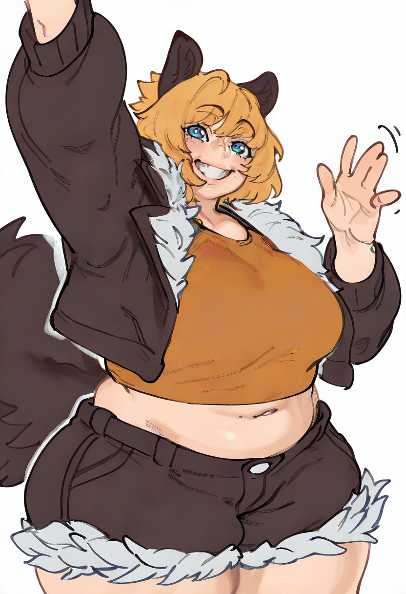 1girl 1girls ai_generated animal_ears arm_up belly blonde_hair blue_eyes breasts brown_jacket brown_shirt brown_shorts cobnoy_shot eigaka_(style) female fur_trim grin jacket large_breasts looking_at_viewer midriff navel orange_shirt plump princessava sexy_clothing shirt short_shorts shorts simple_background smile solo squirrel_girl tail teeth thick_thighs thighs waving white_background