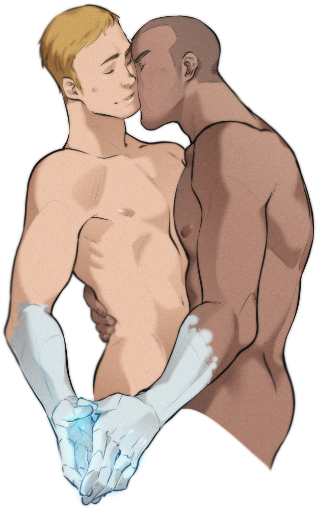 2boys abs blonde_hair cheek_kiss dark-skinned_male detroit:_become_human hug kissing male male_focus markus_(detroit:_become_human) nipples nude simon_(detroit:_become_human) tagme topless yaoi