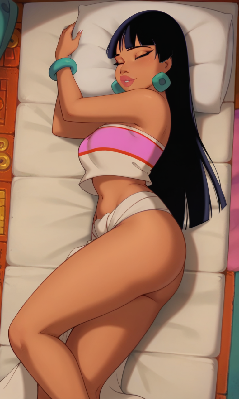 ai_generated ass bandeau bigmic145 breasts chel chel_(the_road_to_el_dorado) dark-skinned_female dreamworks jewelry loincloth midriff navel, sleeping solo solo_female the_road_to_el_dorado