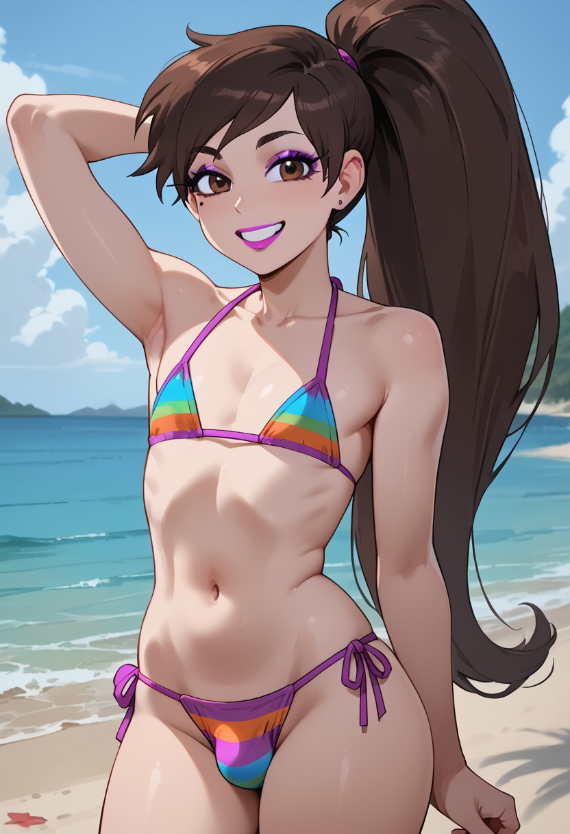 1boy 1femboy ai_generated arm_behind_head armpit beach bikini brown_eyes brown_hair cloud cowboy_shot crossdressing cute_smile earrings femboy flat_chest frog12345 long_hair looking_at_viewer magenta_lipstick makeup male male_focus male_only marco_diaz mole_under_eye multicolored_bikini narrow_waist outdoors penis_bulge pink_lipstick ponytail purple_eyeshadow solo swept_bangs tagme teeth wide_hips